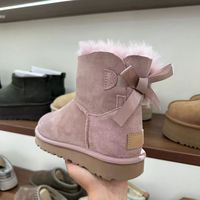 Bottes de neige Bailey Bow pour femmes avec logo personnalisé, fourrure en peau de mouton véritable, bottes courtes à la cheville