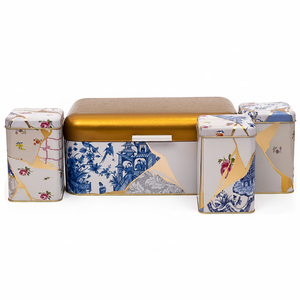 ชุดกล่องขนมปังทรงสี่เหลี่ยมและกล่องดีบุกทรงสี่เหลี่ยม (4ชิ้น) มีฝาปิดแบบ kintsugi ลายดอกไม้เส้นใยทอง - Product Image 2