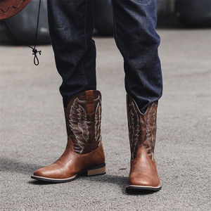 Botas Vaqueras para Hombre, Talla Grande 16, Estilo Clásico con Bordado de Alas, Estilo Biker Rockabilly, Altura hasta la Rodilla, Tacón Cuadrado - Product Image 2