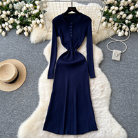 Robe midi décontractée élégante pour femmes, en tricot côtelé, à manches longues, coupe évasée, avec fermeture boutonnée, pour un usage quotidien