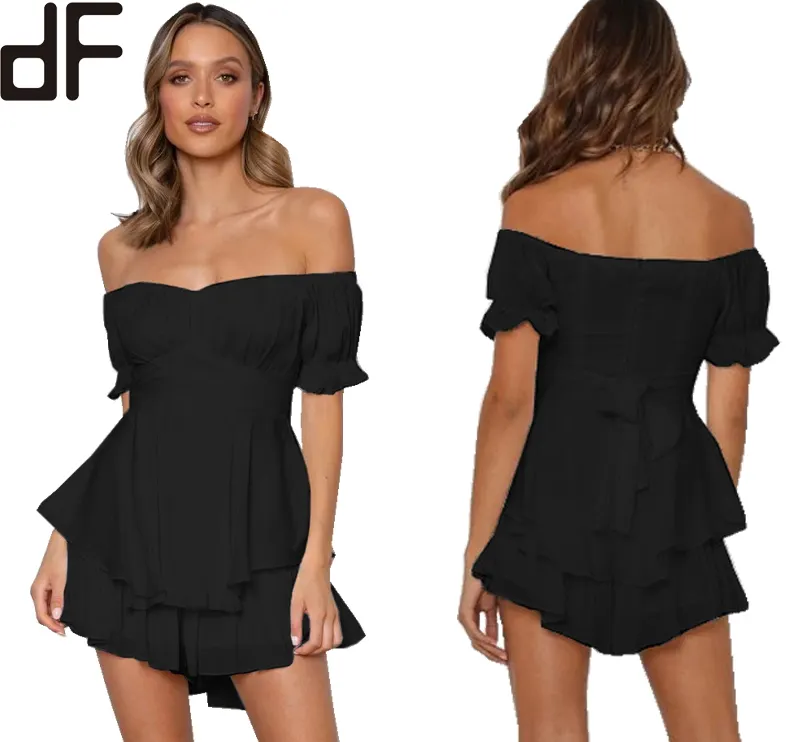 Venta caliente mamelucos hombro frío sexy mini Vestido corto negro monos cortos elegante verano Mujer monos