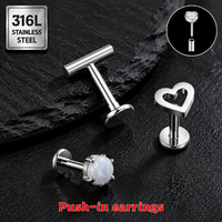 Boucles d'oreilles push-in sans filetage en acier inoxydable chirurgical 316L CRYSPURE, avec zircon cubique, motif papillon et cœur, pour piercing corporel au cartilage