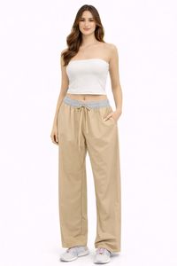 Pantaloni a Vita Alta a Gamba Larga in Tinta Unita, Lunghezza Intera, Vita Elastica, in Spandex e Poliestere, Abbigliamento Sportivo Casual da Donna - Product Image 2