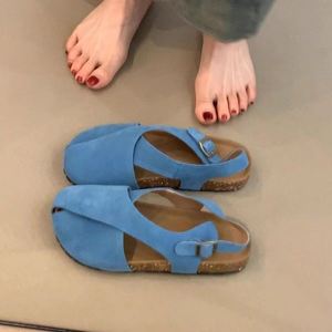 New Soft Leather <b>Sandals</b> Ladies Retro Brightening Cross Strap One Buckle Round Toe Nubuck Leather <b>Flat</b> Shoes - Product Image 1