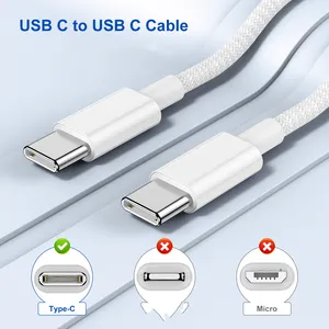 Kabel pengisi daya nilon kepang 60W Tipe c bersertifikat lebih besar stok cepat kabel usb C ke C untuk apple