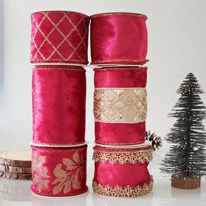 Tepi kawat pita dekorasi emas cetak beludru kustomisasi untuk paket hadiah dekorasi Natal - Product Image 1