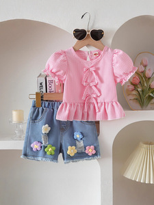 Girl and White Striped <b>Bubble</b> Sleeve <b>Top</b> Paired With 3D Floral Design Shorts Girl Clothes - Product Image 1