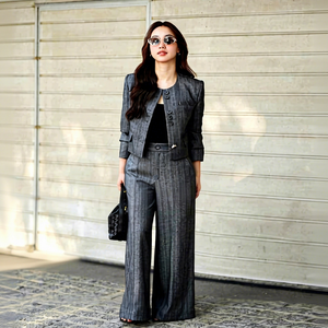 B9054 HAGOO Vietnam Manufacturer <b>Women's</b> <b>Collarless</b> Short Suit <b>Jacket</b> Structured Tailored Blazer Wool/Silk Elegant Striped - Product Image 1