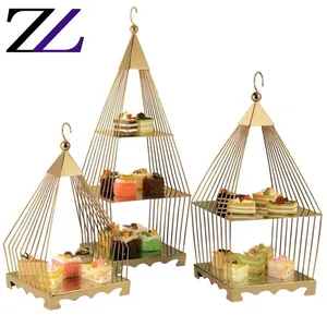 Restaurant equipment birthday party cupcake 3 layer metal mirror buffet dessert serving gold wedding hanging birdcage cake stand