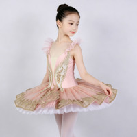Robe tutu de ballet rose doré brodée pour filles, avec volants et bretelles spaghetti, idéale pour la compétition et les spectacles sur scène