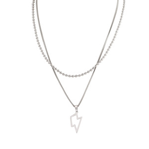 yunnique Double Layer <b>Titanium</b> Steel Lightning Pendant Necklace Geometric Arrow Design Men's Fashion Stackable <b>Chain</b> Jewelry - Product Image 5