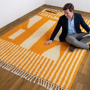 Tapis marocain bohème fait main, noué à la main, de haute qualité, orange et blanc, pour salon, chambre d'enfant, chambre d'adulte, couloir, bureau - Product Image 1