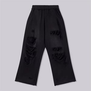 Oem Super Oversized Colossus Fit Raw Edge Ripped Pants Distressed Black Joggers 100% Cotton Heavy Weight Vintage Wash Pantalones de chándal - Product Image 3