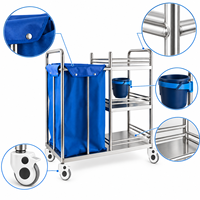 Chariot de blanchisserie en acier inoxydable pour soins infirmiers avec rangement à trois niveaux et poteau porte-perfusion pour le transport du linge et des déchets hospitaliers