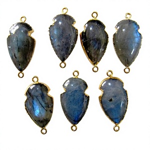 Natural Labradorite Blue Flashy Brass Cabochon Connectors 30x15mm Double Loop Bezel Charms - Product Image 1