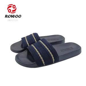 Non-Slide Male Slippers Summer Beach Flat Shoes Custom Logo Craft Display Fabric Strap Flat Slides