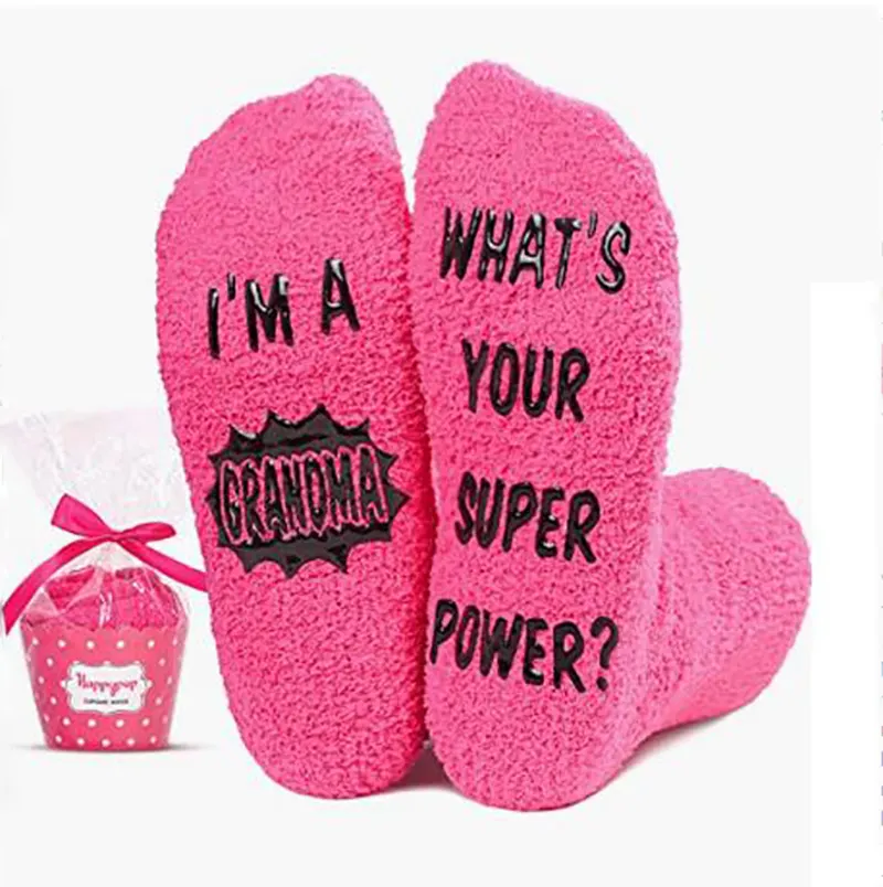 Wholesale New fashion what's your super power i'm a grandpa grandma sock with cup package Fashion Novelty Gift Socks Pink Socks