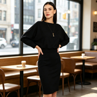 Robe Midi Femme Manches Longues Chauve-Souris, Col Bateau, Taille Élastique, Coupe Blouson Moulante, Noire, Idéale pour le Bureau et les Affaires - Grande Vente
