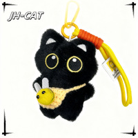 Porte-clés en peluche chat noir mignon avec breloque abeille et cordon coloré pour enfants et cadeaux pour les amoureux des chats