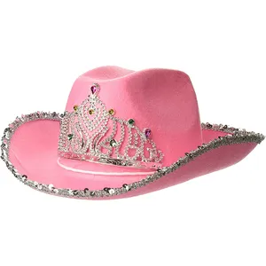 Chapéus de festa divertidos, chapéus de festa rosa, brilhantes, princesa americana, chapéu de cowboy com pele vestido-up