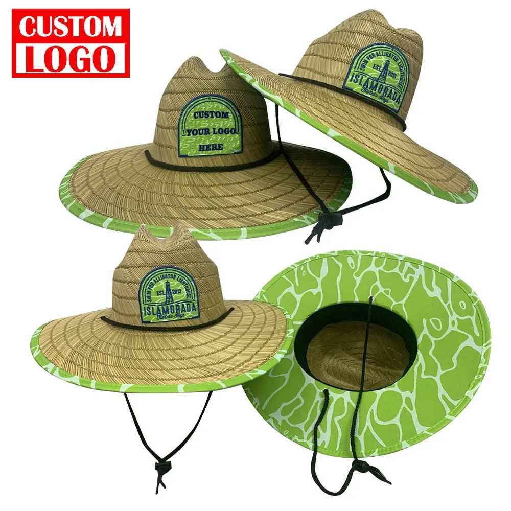 Chapeaux de paille de Cowboy naturel avec Logo brodé, motif imprimé, pêche au soleil, chapeaux de paille de plage personnalisés à large bord