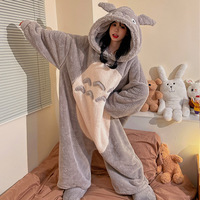 Korallen-Polyester-Fleece Gepolsterter Verdickter Ganzkörper-Pyjama ohne Kragen für Damen Herbst Winter Cartoon Lustige Katze Hausanzug