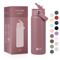 Bouteille d'eau sportive isotherme en acier inoxydable à double paroi de 24 oz avec revêtement céramique sans BPA et couvercle à paille anti-poussière