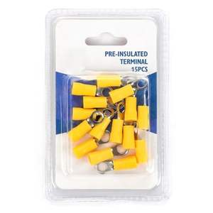 Bornes pré-isolées jaunes rv3.5-5 (15 unités/blister) pour des connexions électriques sûres et efficaces dans les projets de câblage. - Product Image 1