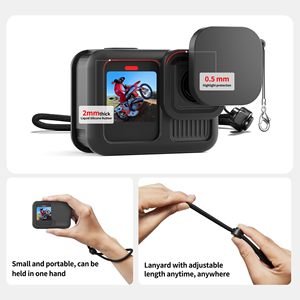 HONGDAK pour <span class=keywords><strong>GoPro</strong></span> 13/12/<span class=keywords><strong>11</strong></span>/10 <span class=keywords><strong>Protection</strong></span> d'écran en verre trempé, capuchon d'objectif, étui en silicone et sac de rangement - Product Image 2