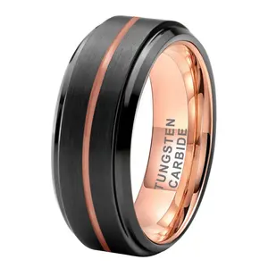 Coolstyle Jewelry 8mm Black Rose Gold Tungsten Ring for Men Engagement Band Women Center Line Grooved Brushed Stepped Beveled
