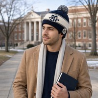 Bonnet unisexe bleu marine à pompon, tricoté à rayures crème, taille unique, avec revers personnalisé, pour l'hiver, vente en gros