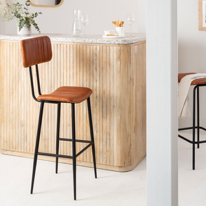 Modern Industrial Style Brown Leather Bar Chair with Strong Black Metal Frame and <b>Cushioned</b> Upholstered Seating for Home Bar - Product Image 2