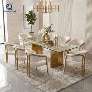 Mesa <span class=keywords><strong>de</strong></span> Comedor Extensible <span class=keywords><strong>de</strong></span> Vidrio Templado Transparente Moderno con Acabado Dorado <span class=keywords><strong>de</strong></span> Acero Inoxidable para <span class=keywords><strong>Muebles</strong></span> <span class=keywords><strong>de</strong></span> Hogar, Venta al Por Mayor <span class=keywords><strong>de</strong></span> Fábrica - Product Image 1