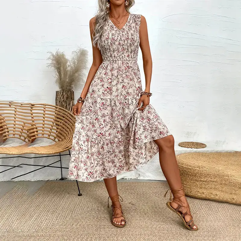 Vestido longo boho com decote em V floral, moda feminina verão, cintura alta, elegante, sem mangas, linha A, vestidos de praia