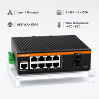 Commutateur Ethernet industriel géré Tincam Layer 2, 2 ports SFP Gigabit + 8 ports Fast Ethernet, console, VLAN, SNMP, STP, ERPS, PTP, rail DIN