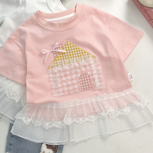 Guai Lüks Bebek Kız Çocukları Yazlık Butik İçin Günlük Kır Evi Aplike İşlemeli Pembe Dantel Detaylı Üst - Product Image 3