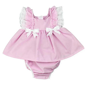 Conjunto de pelele para bebé niña SR4143 personalizado, al por mayor, amarillo claro, con lazos blancos estampados, pelele de manga volante para niña. - Product Image 2