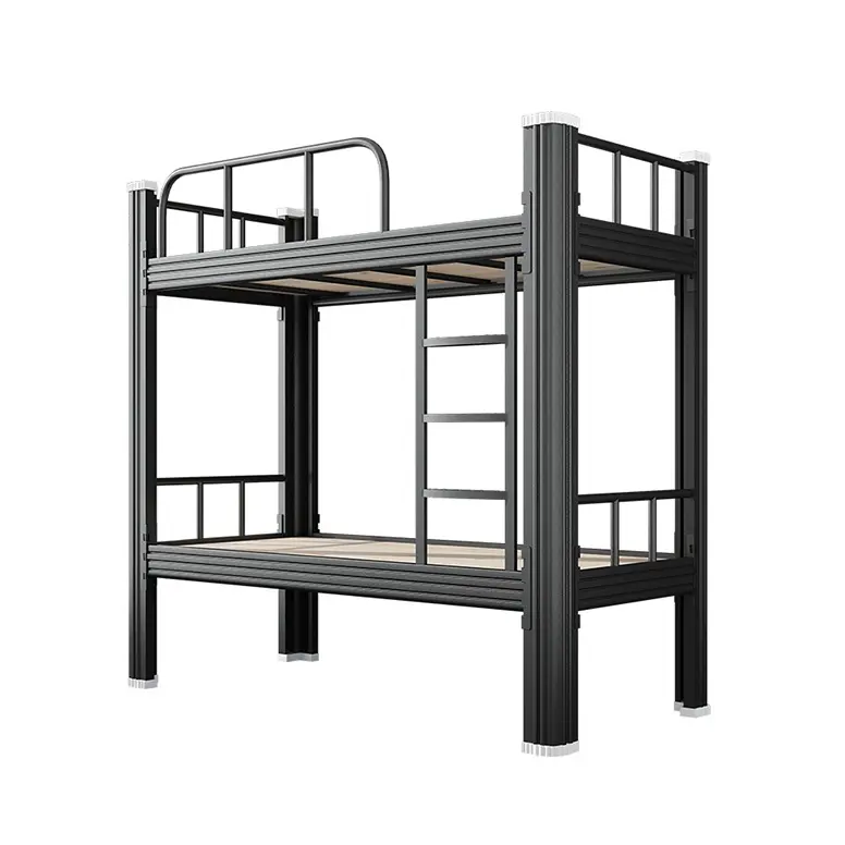 Cama doble de acero con diseño moderno para niños, mueble de color negro con diseño de cama doble