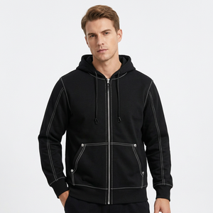 Men's <b>Black</b> Full <b>Zip</b> <b>Hoodie</b> Regular Fit Cotton French Terry Casual Hooded Sweatshirt Autumn Wear - Product Image 2