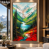Grande peinture murale abstraite de montagne et de lac, peinture à l'huile sur toile bleu marine et or, coucher de soleil, pour la décoration murale du salon ou de l'hôtel
