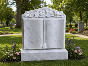 Lápida de Mármol Blanco con Tallado de Rosa y Pájaro, Monumento Funerario Tradicional de Estilo Europeo - Product Image 2