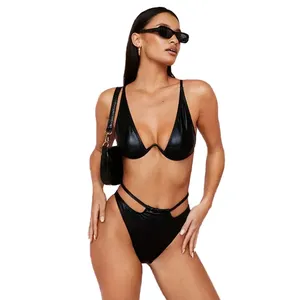 OEM newest fashion coated V neck high leg cut out 2 piece underwire shiny leather bikini for women