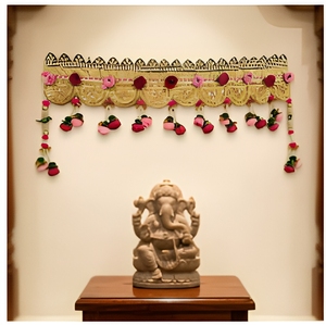 Traditional Ethnic Door Hanging Toran Bandhanwar with Golden Scalloped Lace Pink Floral Buds & Hanging Flower Tassels - Product Image 2