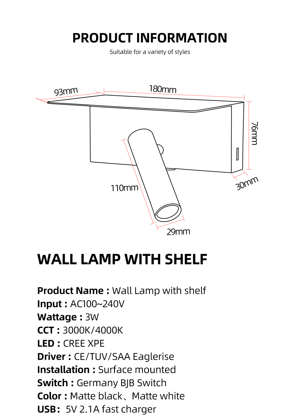 5V Usb Charge Port 3w Led Bedside Reading Light Indoor Adjustable Led Wall Lamp