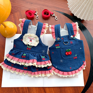 Weiwang Denim <b>Cherry</b> Overalls <b>Dress</b> Summer Pet Clothes For Dogs Skirt Embroidered Pattern - Product Image 1