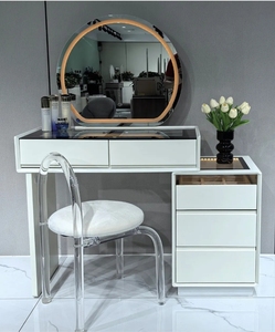 Modern White Wooden <b>Makeup</b> <b>Vanity</b> Dressing Table with Lighted Round <b>Mirror</b> Drawers Storage for Bedroom Hotel Apartment - Product Image 4