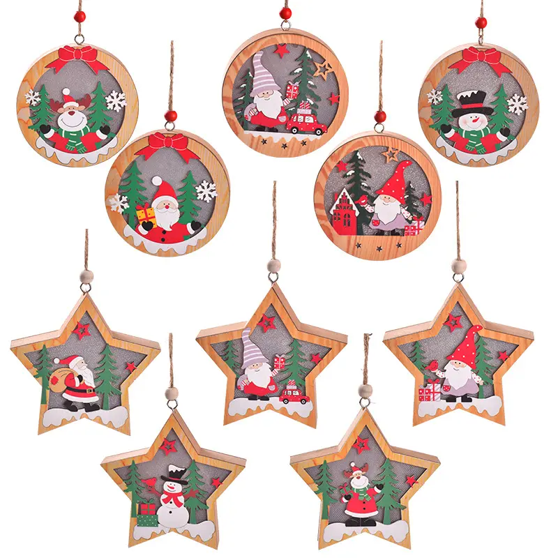 High Quality Christmas LED Lights Hanging Santa Claus Decor Wooden Christmas Decorations Round Star Christmas Tree Ornaments