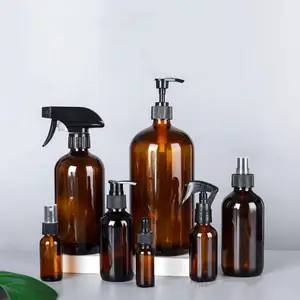 8oz 16oz 250ml 500ml 1000ml 앰버 브라운 제약 보스턴 라운드 유리 스프레이 병 트리거 스프레이 로션 펌프 캡