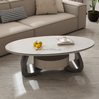 Table Basse Moderne en Marbre Ovale, Piétement Métallique, Tiroir en Bois, pour Salon