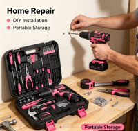 Ensemble d'outils de bricolage rose pour la maison de 151 pièces avec perceuse sans fil, outils à main en fer malléable, en acier fileté et en acier au carbone